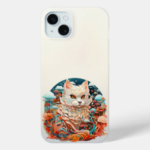 Coque iPhone 15 Mini Chat mignonne avec fleurs Papier Coupe
