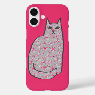 Coques iPhone 16 Plus Chat moderne du milieu du siècle, gris / gris et r