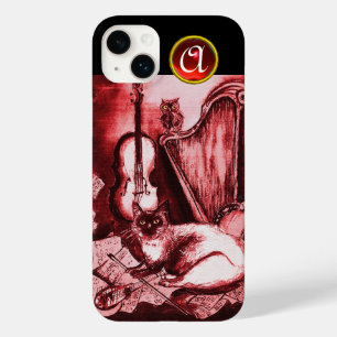 COQUE POUR iPhone 14 PLUS CHAT MUSICAL AVEC OWL EN ROUGE RUBY GEM MONOGRAM