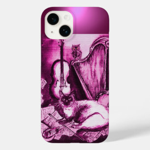 COQUE POUR iPhone 14 CHAT MUSICALE AVEC OWL DANS GEM ROSE PURPLE