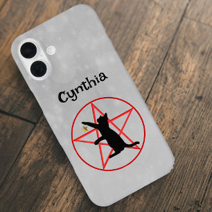 Coques iPhone 16 Plus Chat noir assis étoile dorée sur pentagramme rouge