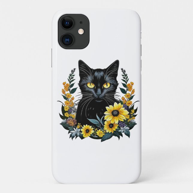 Coques Case-Mate iPhone chat noir avec fleurs (Dos)