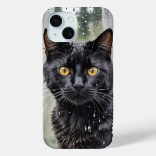 Coque Pour iPhone 15 Chat noir dans la fenêtre humide