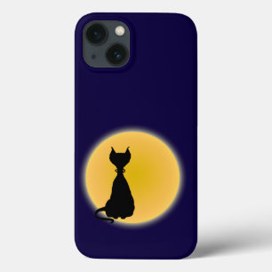 iPhone 13 Coque Chat noir et lune jaune Halloween Art