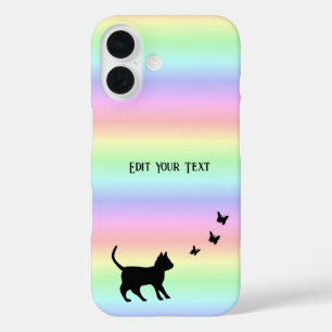 Coques iPhone 16 Chat noir et papillon sur arc-en-ciel