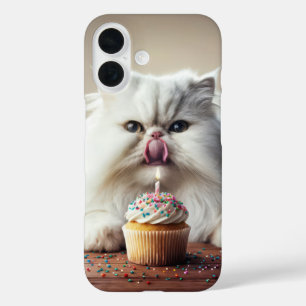 Coques iPhone 16 Chat perse lèche un gâteau d'anniversaire