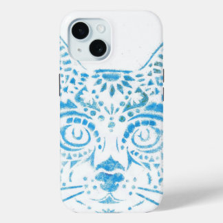 Coque Pour iPhone 15 chat pochoirs bleu