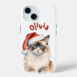 Coque Pour iPhone 15 Chat Ragdoll de Noël Aquarelle