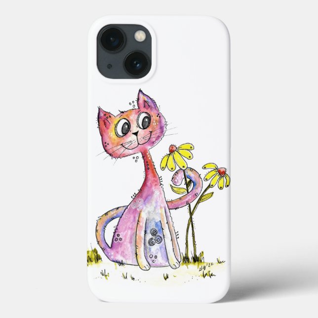 Coques Case-Mate iPhone Chat rose blanc mignon avec Fleurs Jaunes (Verso)