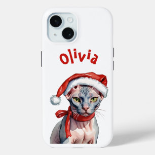 Coque Pour iPhone 15 Chat Sphynx de Noël aquarelle