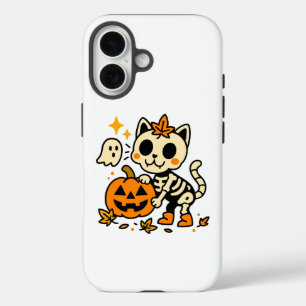 Coques iPhone 16 Chat squelette mignon avec citrouille