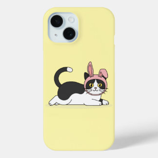 Coque Pour iPhone 15 Chat Tuxedo Adorable avec un Chapeau de Lapin Rose