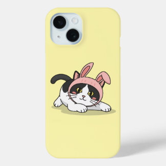 Coque Pour iPhone 15 Chat Tuxedo Adorable en Chapeau de Lapin Rose Aest
