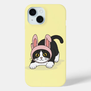 Coque Pour iPhone 15 Chat Tuxedo Adorable en Chapeau de Lapin Rose Esth