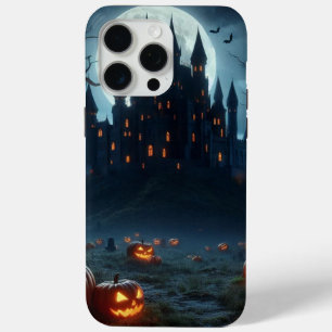 Coque iPhone 15 Pro Max Château sombre, médiéval, chauves-souris & citroui