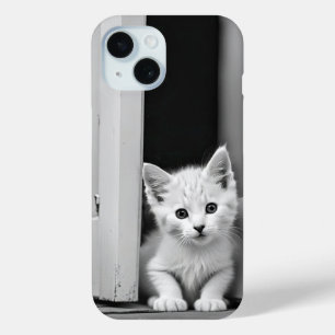 Coque Pour iPhone 15 Chaton Blanc À La Porte
