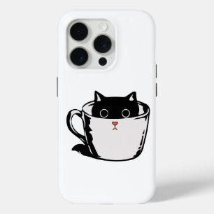 Coque iPhone 15 Pro Chaton noir avec nez rouge caché dans une tasse