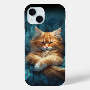 Coque Pour iPhone 15 Chaton Tabby Orange en Lit de Plumes Bleues