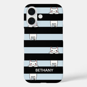 Coques iPhone 16 Chats mignons grimpeurs sur rayures noires et bleu
