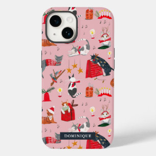 Coque Pour iPhone 14 Chats mignons rétro rose de Noël