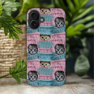 Coques iPhone 16 Plus Chats Mignons Tricot Rose Bleu Féminin