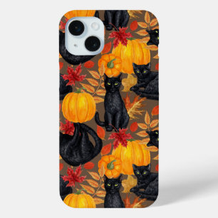 Coque iPhone 15 Mini Chats noirs et citrouilles 2