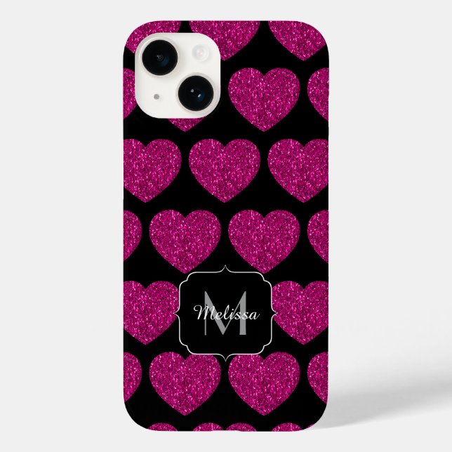 Coques Case-Mate iPhone Chaud coeur rose faux pétille motif Monogramme (Verso)