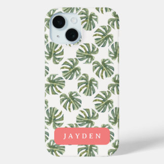 Coque Pour iPhone 15 Chaud rose et feuille de palme tropicale Nom perso