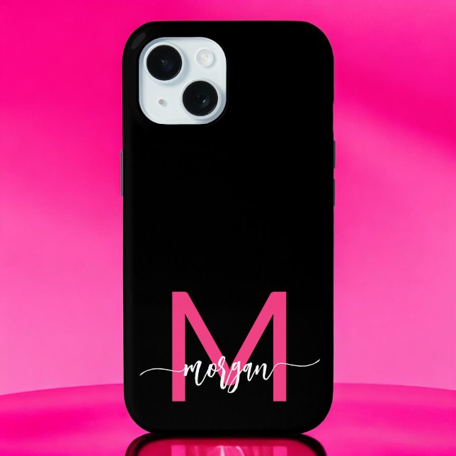 Coques Case-Mate iPhone Chaud rose noir moderne Script Girl Monogramme Nom (Créateur téléchargé)