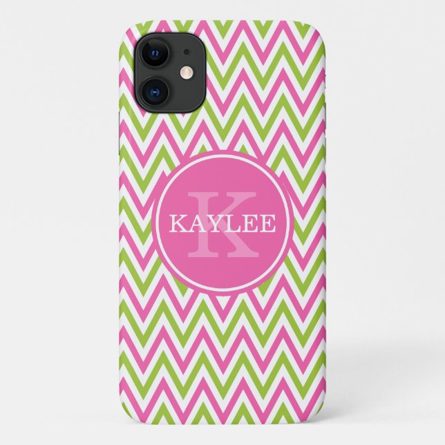 Coques Case-Mate iPhone Chaux rose moderne Vert Chevron & Monogramme (Dos)