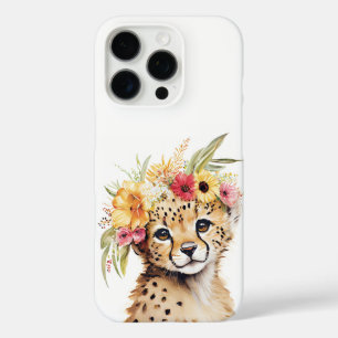 Coques iPhone 16 Pro Cheetah Flower Crown Art Aquarelle Safari Floral