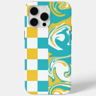Coque iPhone 15 Pro Max Chèques et permules en Turquoise, Jaune et Blanc