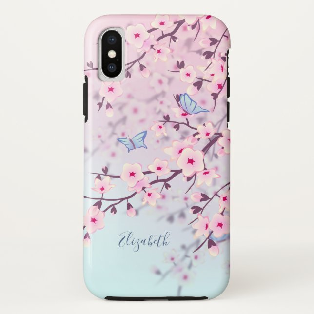 Coques Case-Mate iPhone Cherry Blossoms Paysage rose Turquoise Monogramme (Dos)