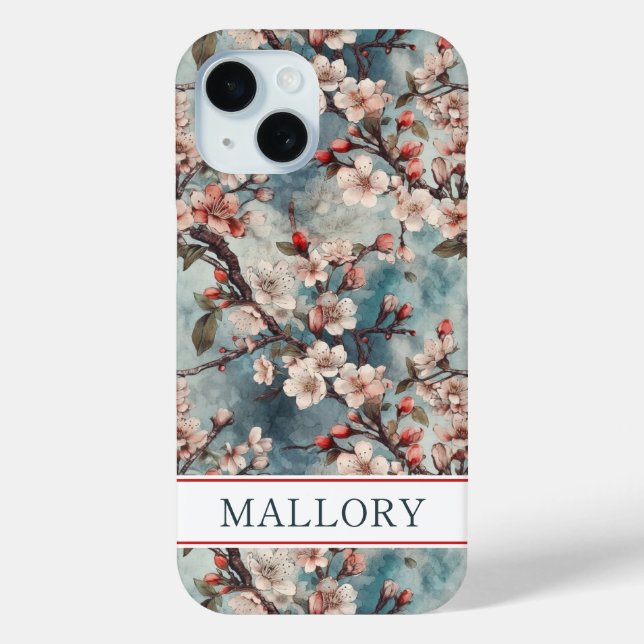 Coques Case-Mate iPhone Cherry Blossoms Teal Sakura Print Monogrammed (Verso)
