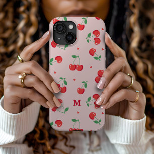 Coque Pour iPhone 15 Cherry Hearts Nom personnalisé Monogramme