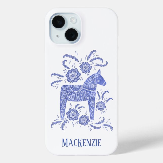 Coques Case-Mate iPhone Cheval de Dala suédois Personnalisé Bleu (Verso)