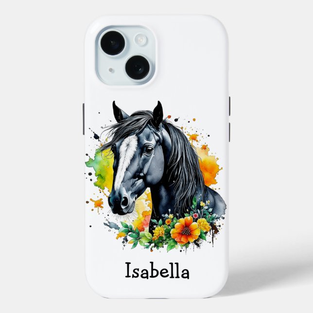 Coques Case-Mate iPhone Cheval noir entouré de fleurs Personnalisé (Verso)