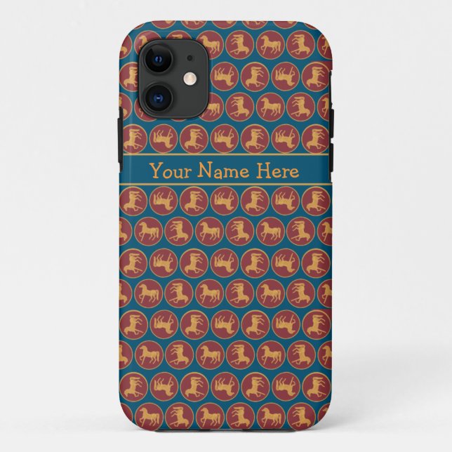Coques Case-Mate iPhone Chevaux à effet or sur rouge profond et bleu foncé (Dos)