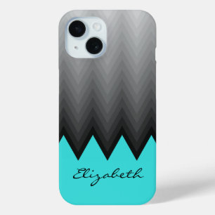 Coque Pour iPhone 15 chevron gris ombre motif turquoise Nom personnalis
