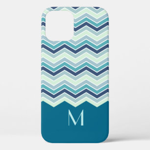 Coque iPhone 12 Pro Chevron turquoise moderne barre le monogramme