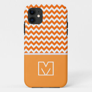 Coque iPhone 11 Chevron Zigzag orange et blanc. Monogramme personn