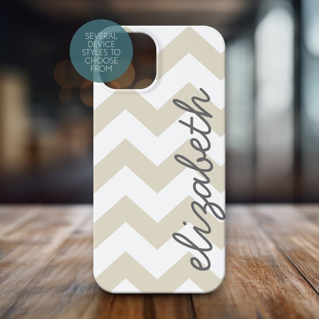 Coques Case-Mate iPhone Chevrons et nom en lin beige et charbon (Personalized Phone Case with Chevrons and Custom Name)