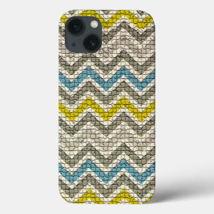 ETUI iPhone 13 CHEVRONS MOSAÏQUES BLANCS JAUNES BLEUS