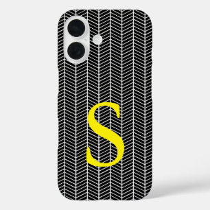 Coques iPhone 16 Chic Black Herringbone Chevron Zig Zag Monogramme