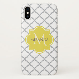 Coques Pour iPhone Chic Blanc Gris Quatrefoil Jaune Nom Monogramme