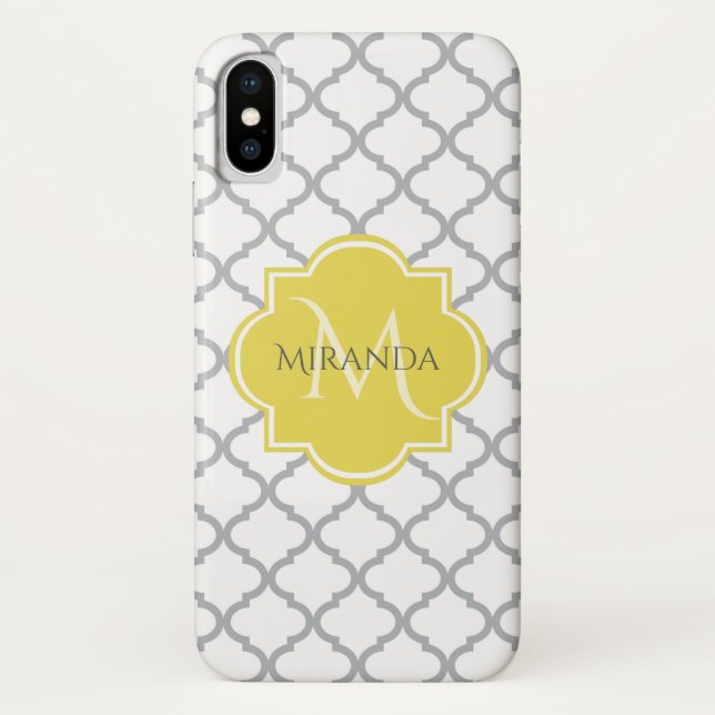 Coques Case-Mate iPhone Chic Blanc Gris Quatrefoil Jaune Nom Monogramme (Dos)