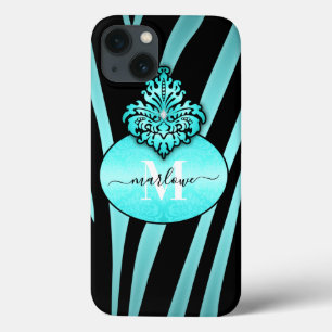 Case-Mate iPhone Case Chic Bleu et Noir Zèbre rayures Nom Monogramme