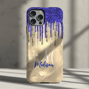 Coque Pour iPhone 14 Chic bleu royal paillettes dorées gouttes monogram