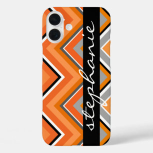 Coques iPhone 16 Plus Chic Chevron Motif Black Grey Orange nom du script