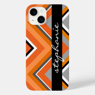 Coque Pour iPhone 14 Chic Chevron Motif noir gris orange avec nom